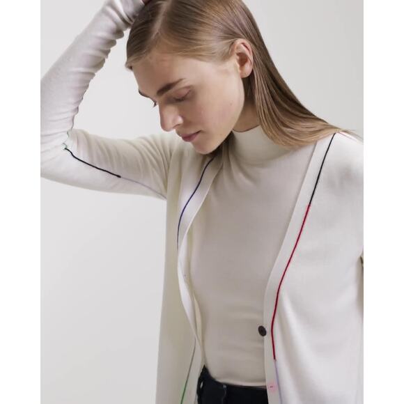 Theory Multi-Color Linked Merino Wool Cardigan Eaglet Knit in Ivory - Picture 1 of 9